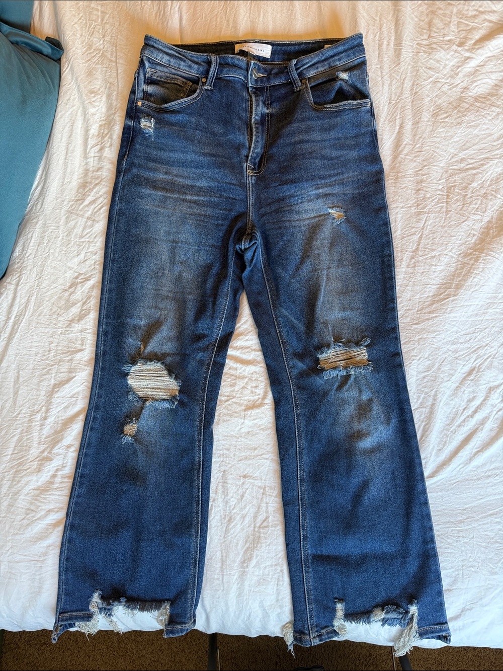 Women's Ankle Crop Distressed Jeans - Dark Blue